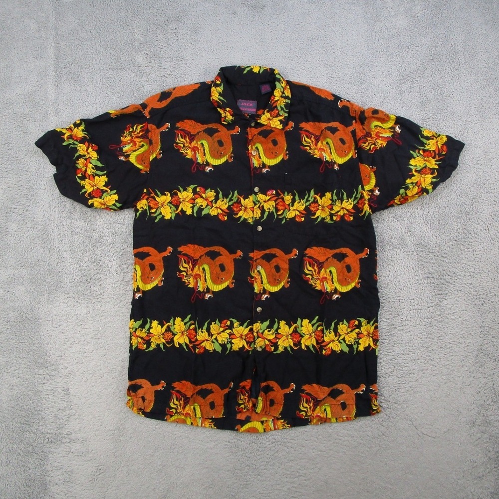 Jack Hollywood Button Up Shirt Mens Large Black Dragon Floral Rayon Short Sleeve